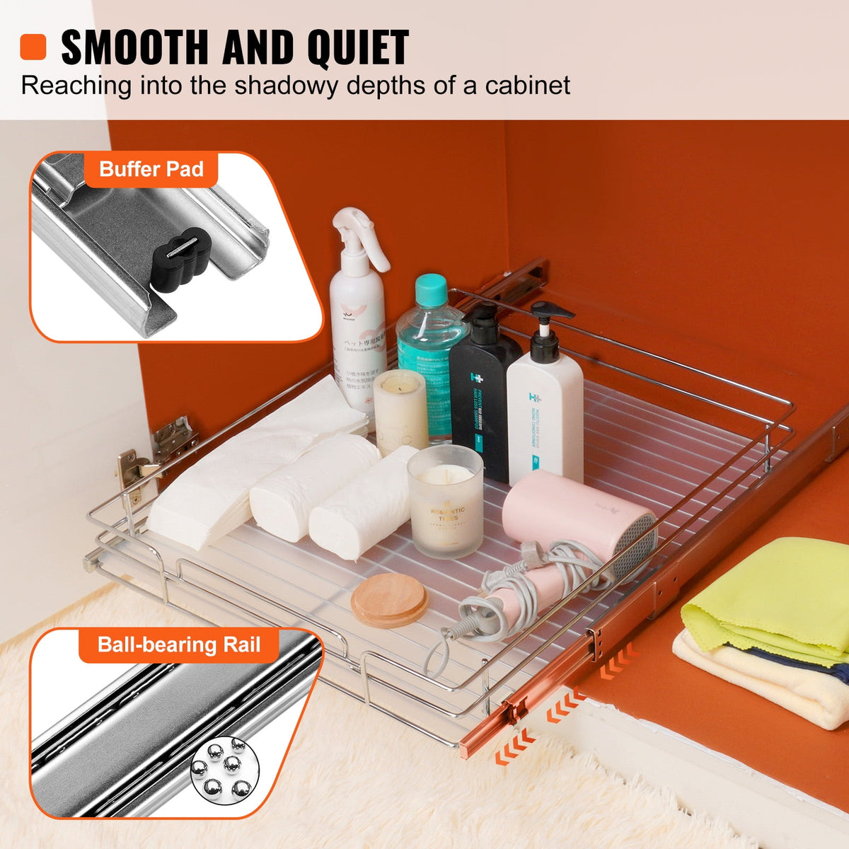 Pull-Out Cabinet Organizer, 20 x 21 x 2.5 Inch Steel Sliding Pantry Shelf, Chrome - Image 6