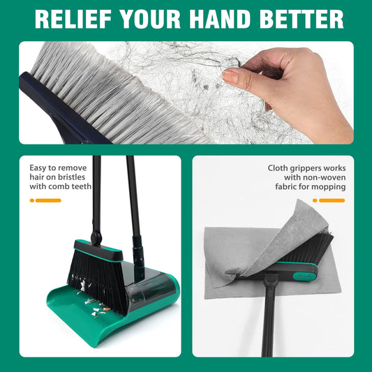 Broom and Dustpan Set with 53.5 Inch Telescopic Handle and See-Through Pan, Green - Image 2