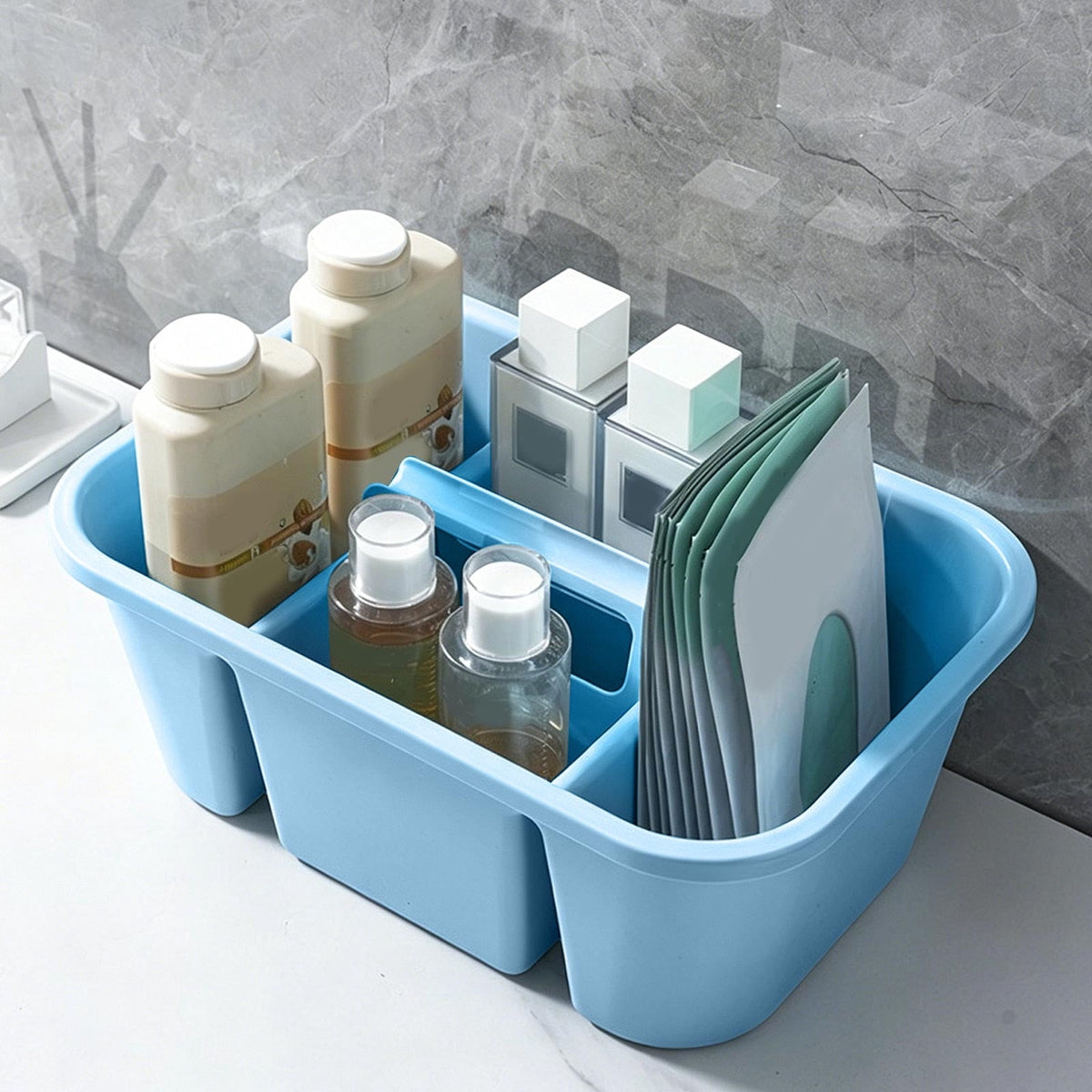 Divided Cleaning Caddy with Handle, Portable Plastic Tote for Household Supplies, Blue - Image 2