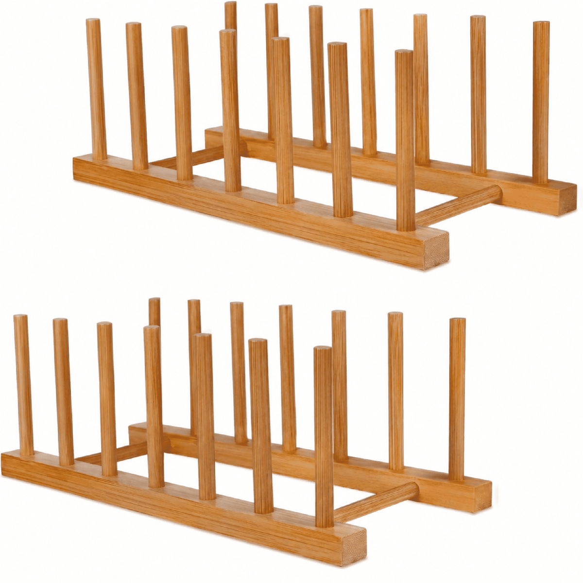 Bamboo Plate Rack, 2-Pack Vertical Dish and Lid Organizer, 6 Slots, 80 lb Capacity