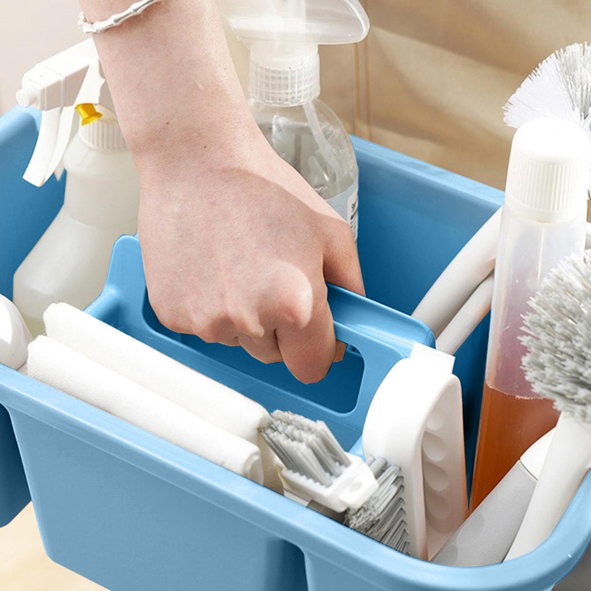 Divided Cleaning Caddy with Handle, Portable Plastic Tote for Household Supplies, Blue - Image 5