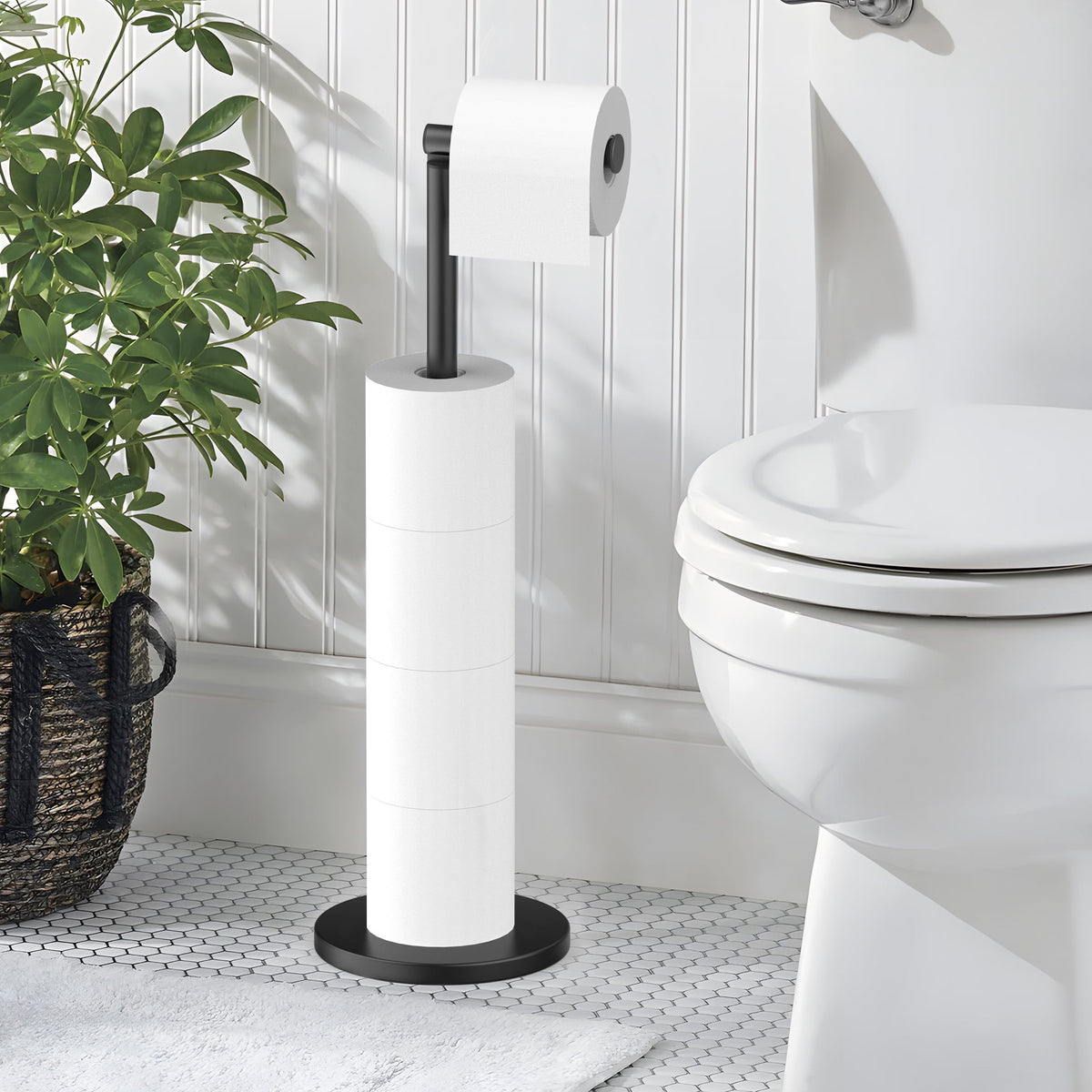 Free-Standing Toilet Paper Holder with Weighted Base and Spare Roll Storage, Black - Image 6