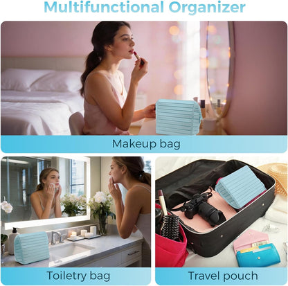 Large Fold-Down Makeup Bag with 27 Pockets, 3 Brush Holders and Adjustable Dividers, Blue - Image 6