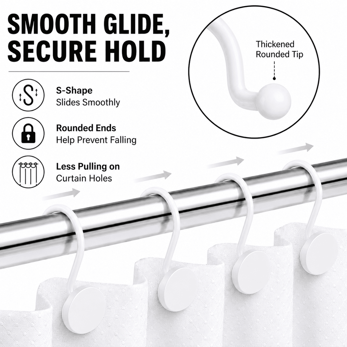 Metal Shower Curtain Hooks, 12-Pack Rust-Resistant Rings with Anti-Drop Latch, White - Image 3
