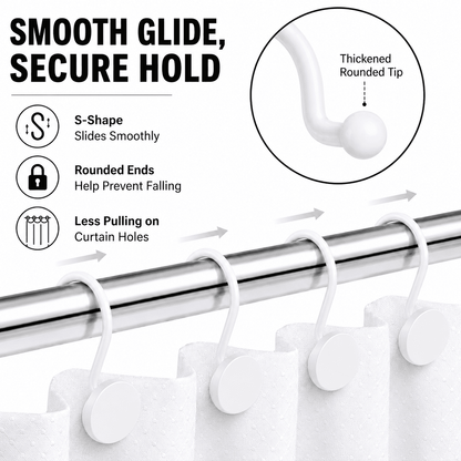 Metal Shower Curtain Hooks, 12-Pack Rust-Resistant Rings with Anti-Drop Latch, White - Image 3