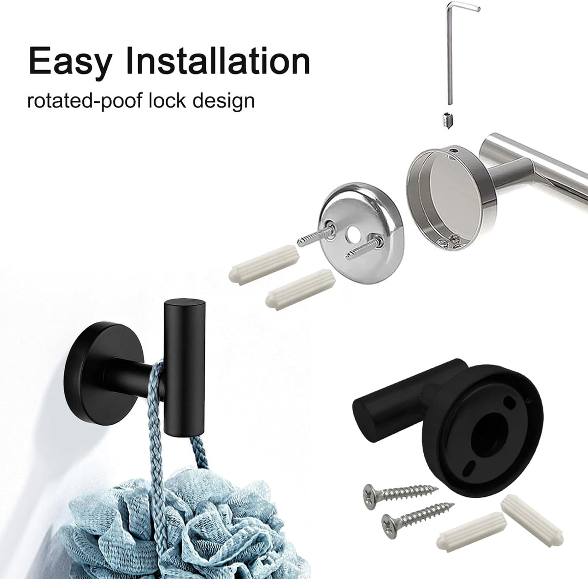 7-Piece Stainless Steel Bathroom Hardware Set with 16 Inch Towel Bar, Ring and Hooks, Matte Black - Image 5