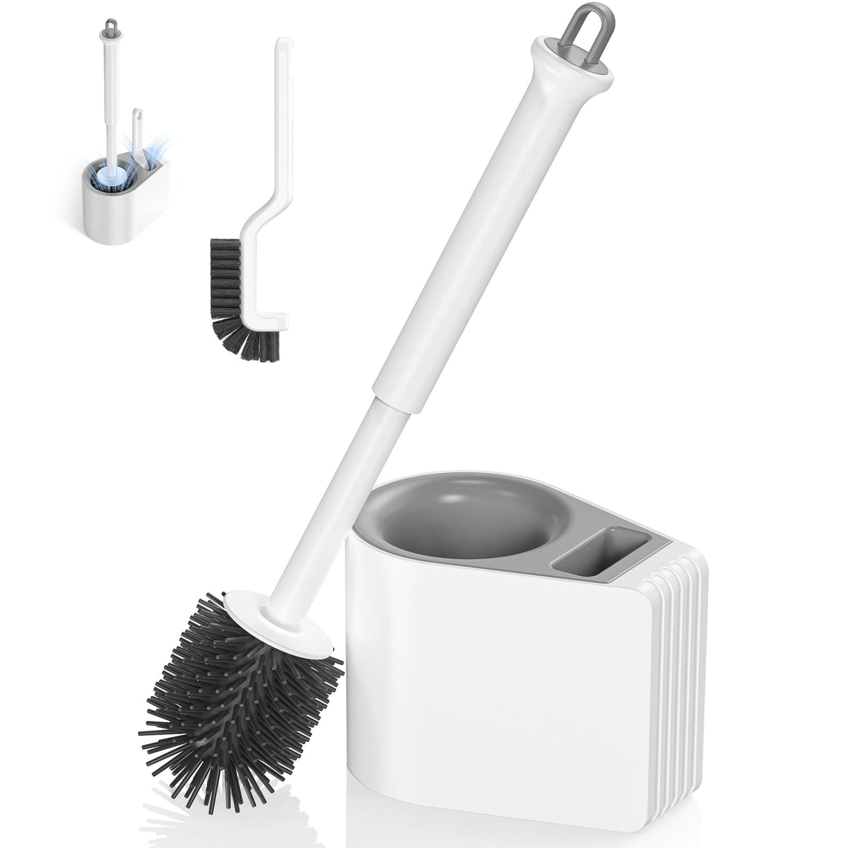Silicone Toilet Brush and Ventilated Holder Set with Crevice Brush for Bathroom Cleaning