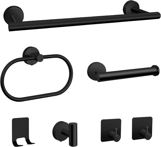 7-Piece Stainless Steel Bathroom Hardware Set with 16 Inch Towel Bar, Ring and Hooks, Matte Black