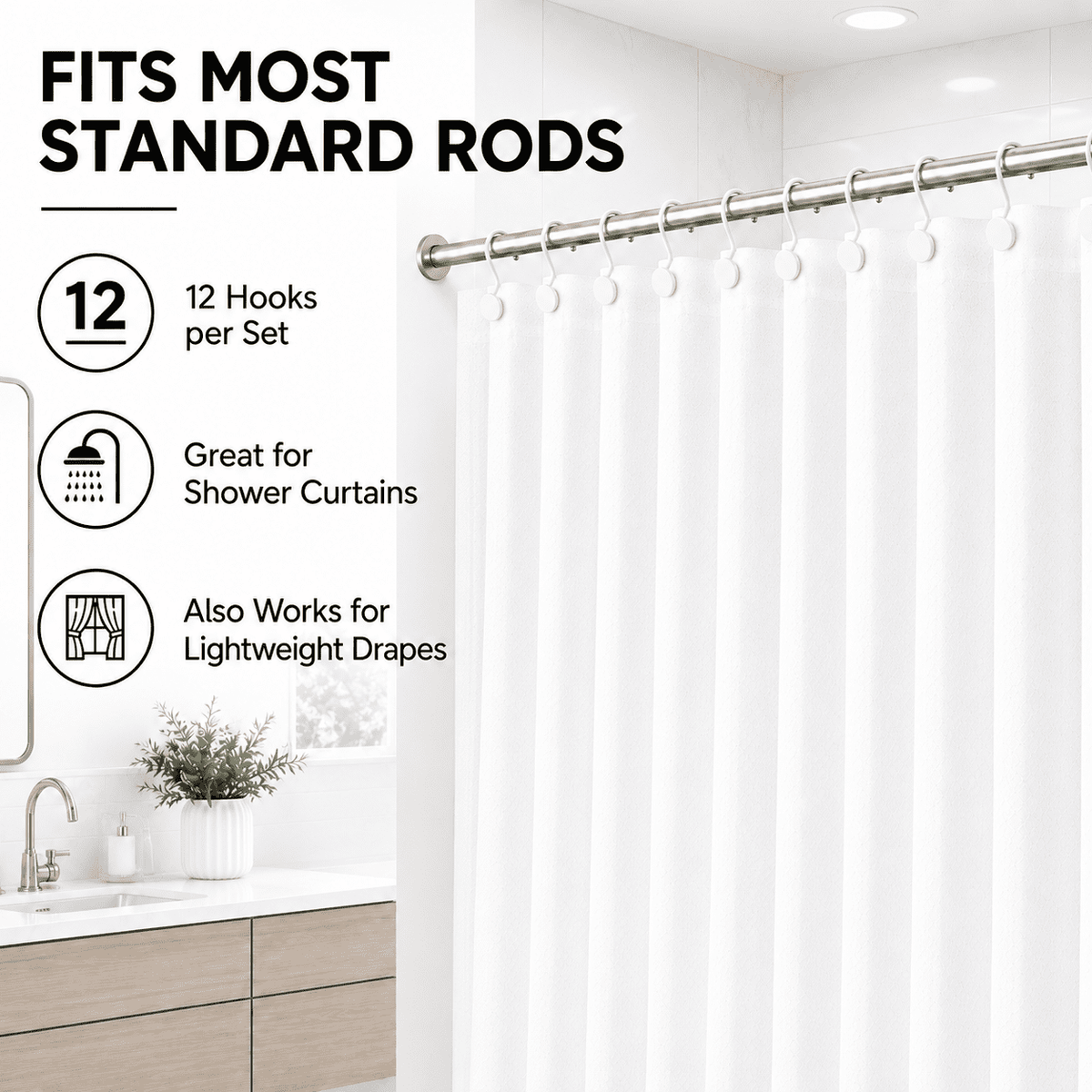 Metal Shower Curtain Hooks, 12-Pack Rust-Resistant Rings with Anti-Drop Latch, White - Image 2