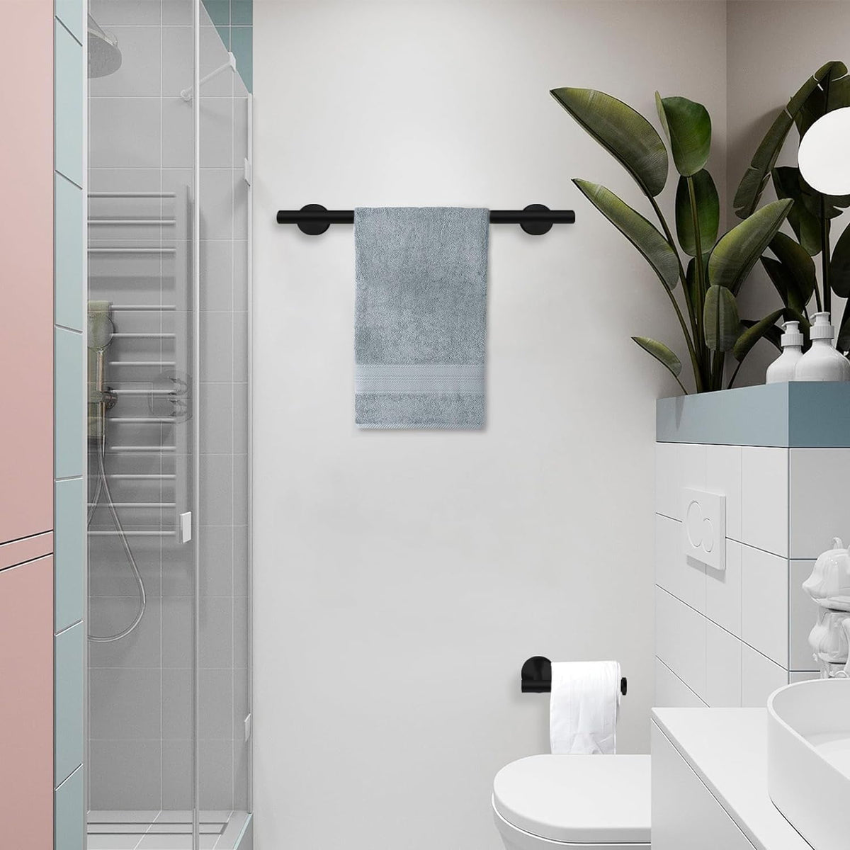 7-Piece Stainless Steel Bathroom Hardware Set with 16 Inch Towel Bar, Ring and Hooks, Matte Black - Image 3