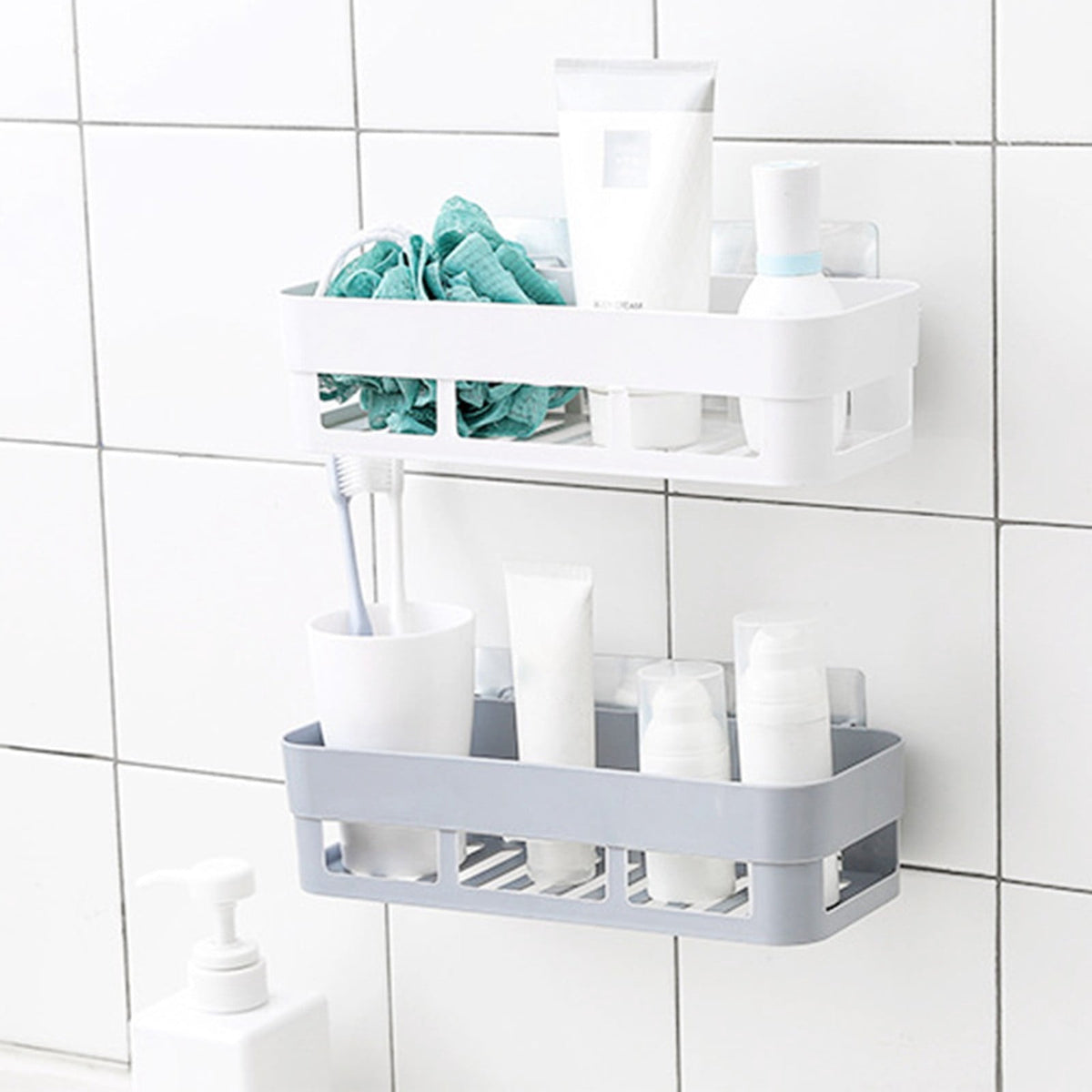 Adhesive Bathroom Shelf, 10.24 Inch No-Drill Shower Caddy with Drain Bottom, White - Image 4