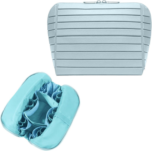 Large Fold-Down Makeup Bag with 27 Pockets, 3 Brush Holders and Adjustable Dividers, Blue