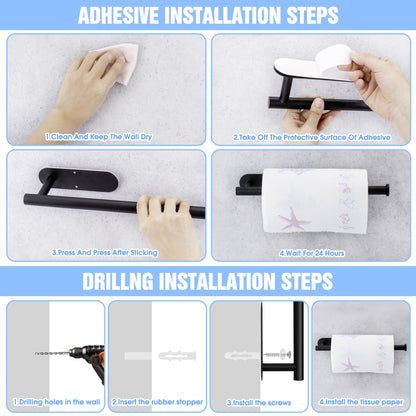 Under-Cabinet Paper Towel Holder, 2-Pack Stainless Steel Wall Mount, Adhesive or Screws, Black - Image 2