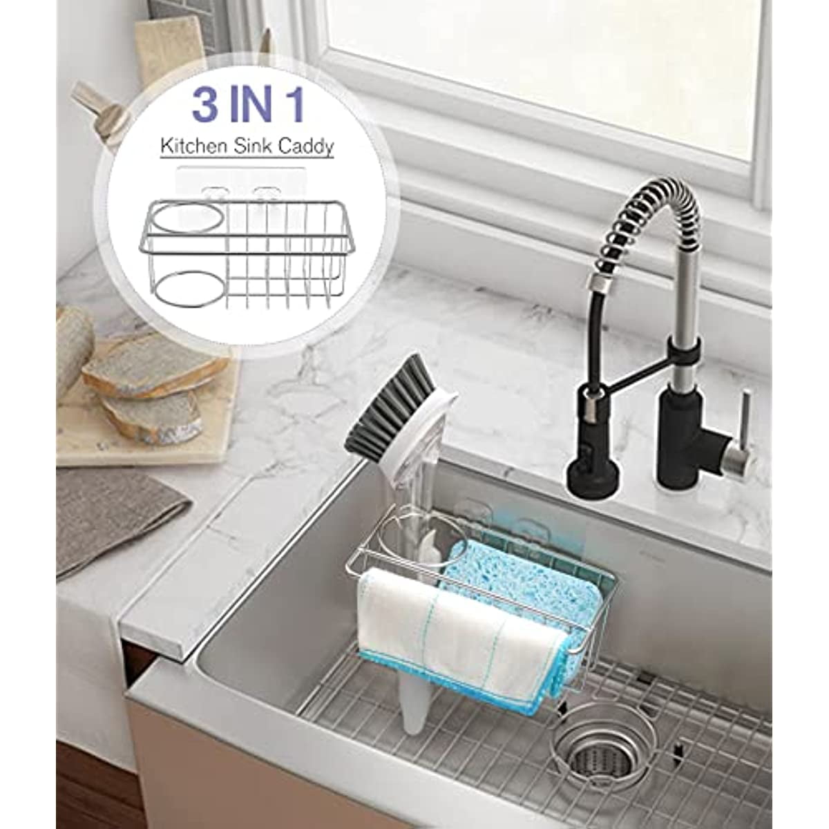 Adhesive Stainless Steel Sink Caddy for Sponges and Brushes, Rust-Resistant Drain Rack - Image 6
