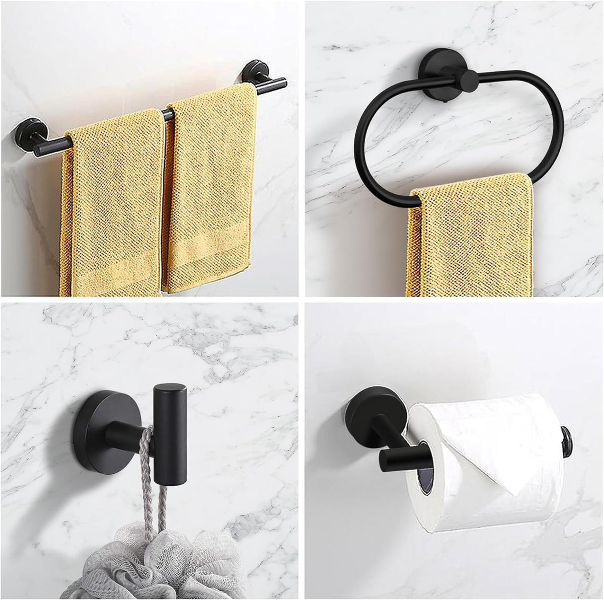 7-Piece Stainless Steel Bathroom Hardware Set with 16 Inch Towel Bar, Ring and Hooks, Matte Black - Image 2