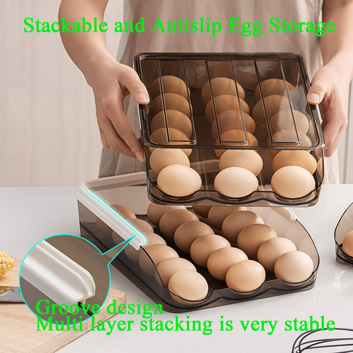 Rolling Egg Holder for Refrigerator with Lid, 3-Layer Stackable Egg Organizer, Brown - Image 4