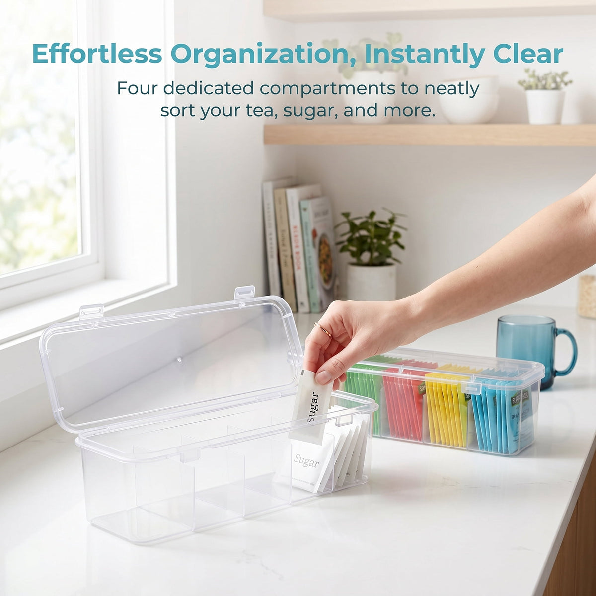 Clear Tea Bag Organizer Box with 4 Compartments, 2-Pack for Sugar Packets and Sachets - Image 2