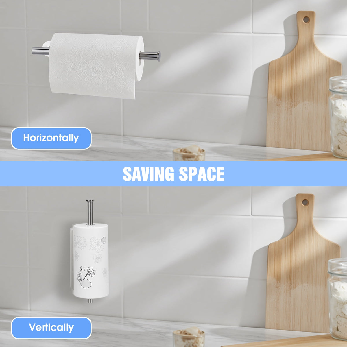 Under-Cabinet Paper Towel Holder, 2-Pack Stainless Steel Wall Mount, Adhesive or Screws, Black - Image 6