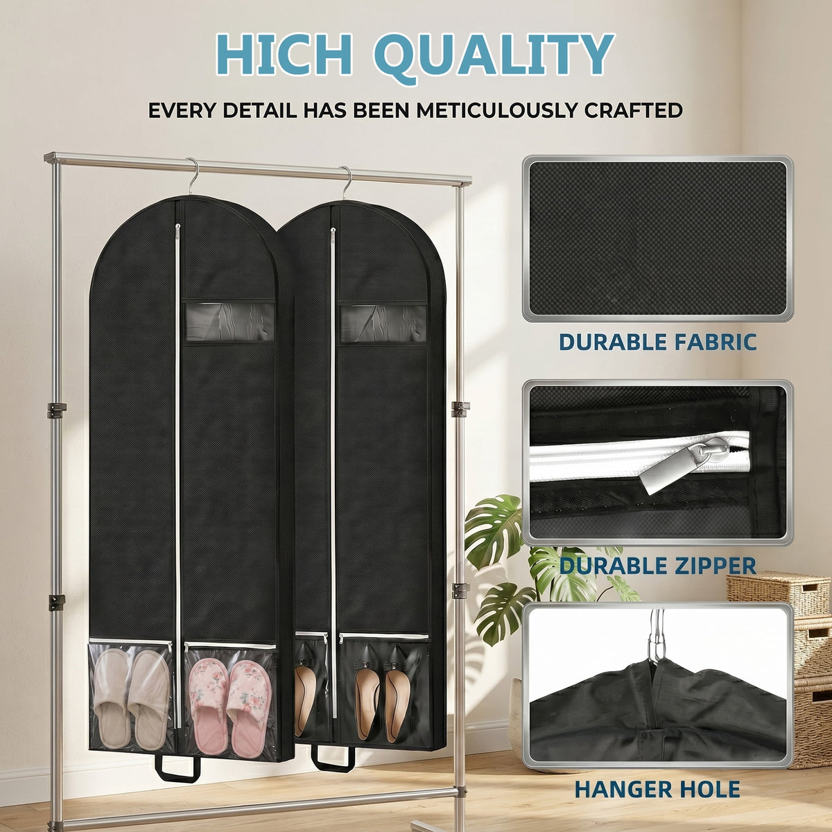 Travel Garment Bags with Clear Pockets, 2-Pack 50 Inch Suit and Dress Covers, Black - Image 6