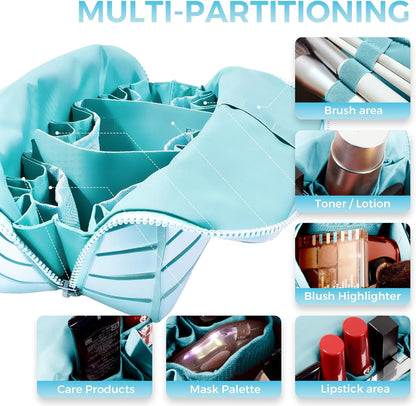 Large Fold-Down Makeup Bag with 27 Pockets, 3 Brush Holders and Adjustable Dividers, Blue - Image 3