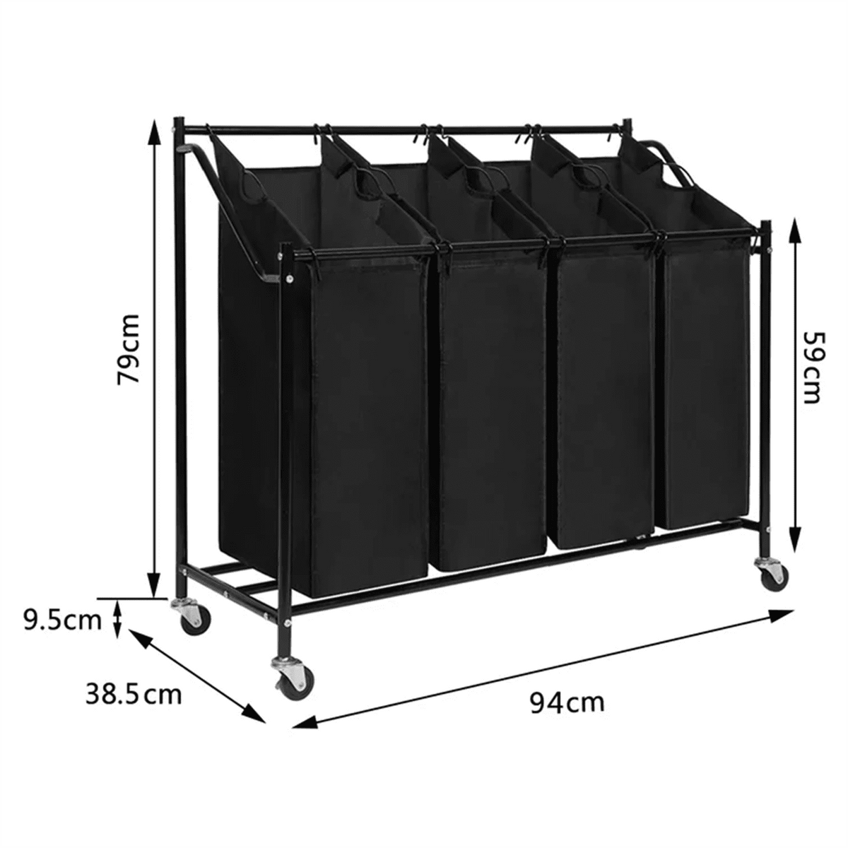 Rolling Laundry Sorter with 4 Removable Bags and Brake Wheels, Black - Image 5