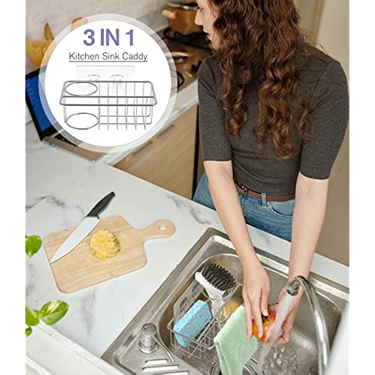 Adhesive Stainless Steel Sink Caddy for Sponges and Brushes, Rust-Resistant Drain Rack - Image 3