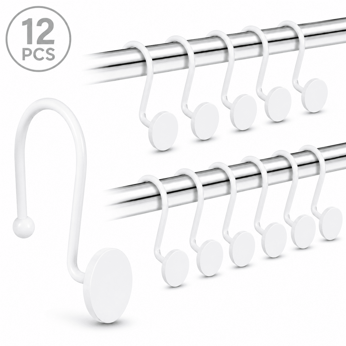 Metal Shower Curtain Hooks, 12-Pack Rust-Resistant Rings with Anti-Drop Latch, White