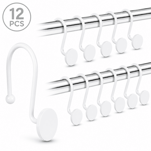 Metal Shower Curtain Hooks, 12-Pack Rust-Resistant Rings with Anti-Drop Latch, White
