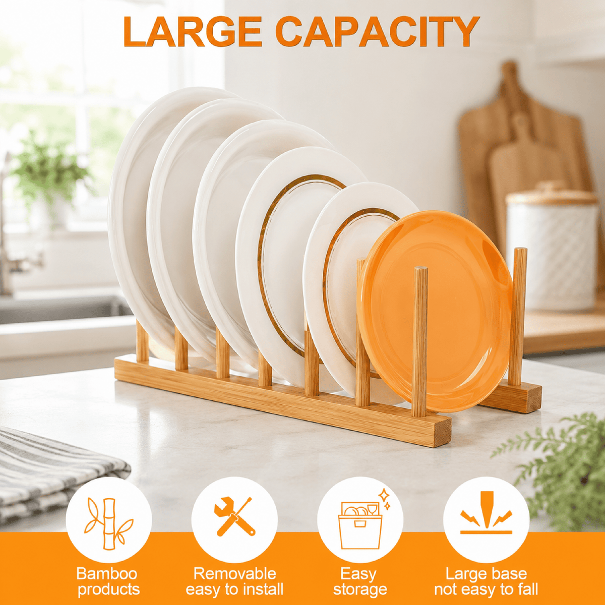 Bamboo Plate Rack, 2-Pack Vertical Dish and Lid Organizer, 6 Slots, 80 lb Capacity - Image 4