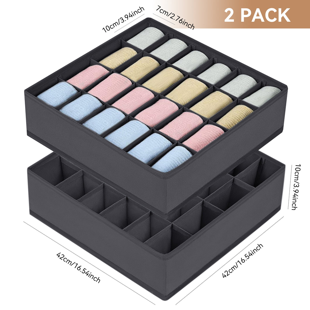 Fabric Drawer Dividers for Socks and Underwear, 2-Pack of 24-Cell Foldable Organizers - Image 2