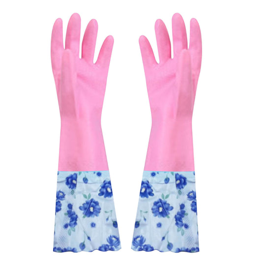 Reusable Rubber Cleaning Gloves with Long Cuff and Flock Lining, Non-Slip, Size M