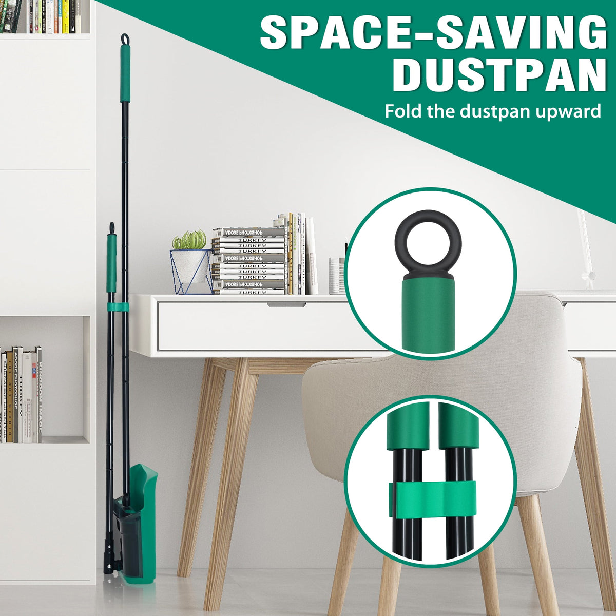 Broom and Dustpan Set with 53.5 Inch Telescopic Handle and See-Through Pan, Green - Image 5