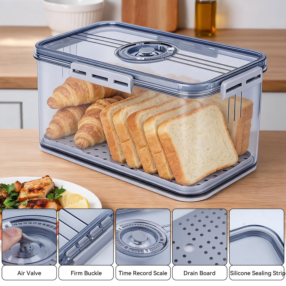 Airtight Bread Box with Date Dial, Countertop Storage Container for Bread and Pastries, Grey - Image 2