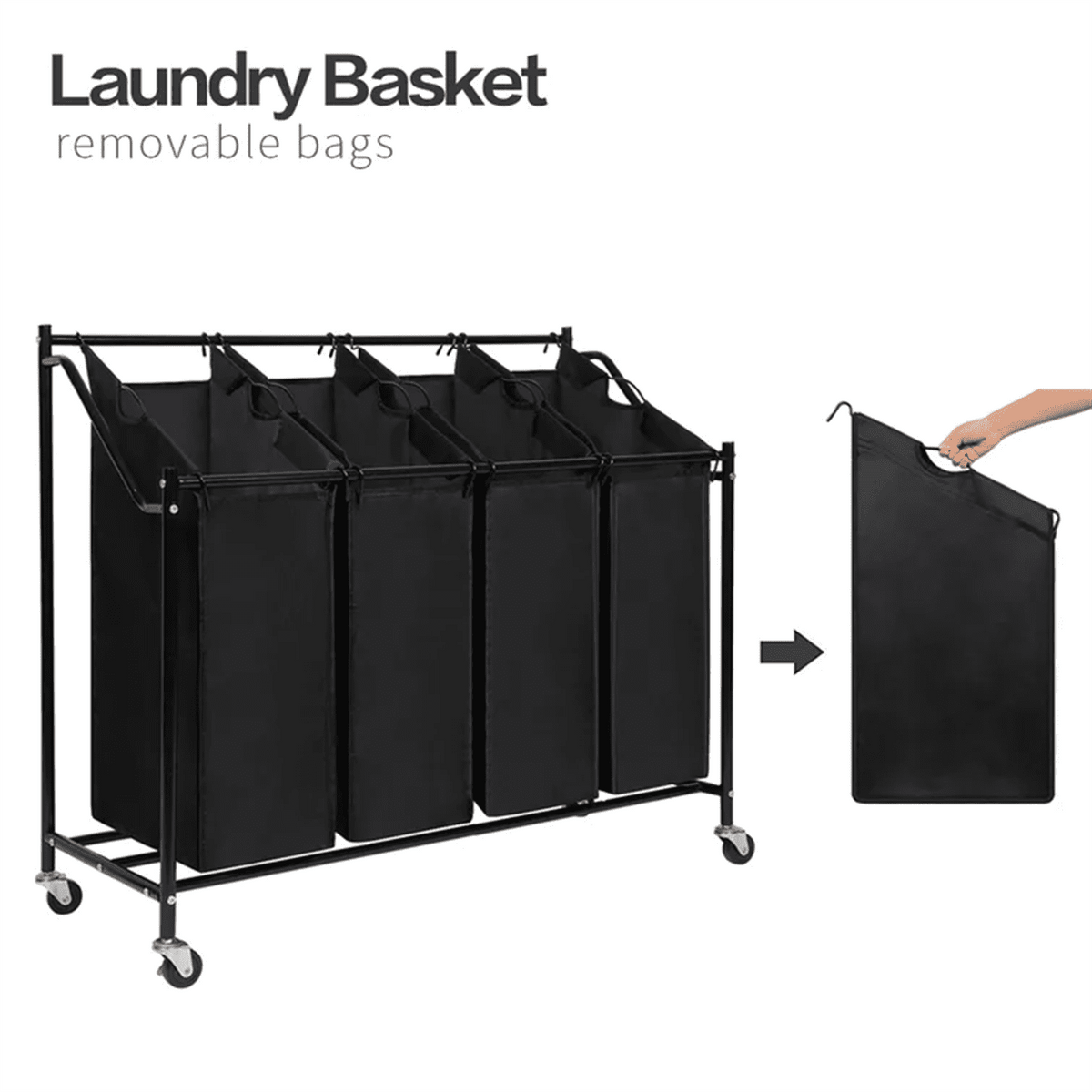Rolling Laundry Sorter with 4 Removable Bags and Brake Wheels, Black - Image 2