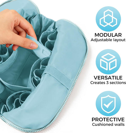 Large Fold-Down Makeup Bag with 27 Pockets, 3 Brush Holders and Adjustable Dividers, Blue - Image 5