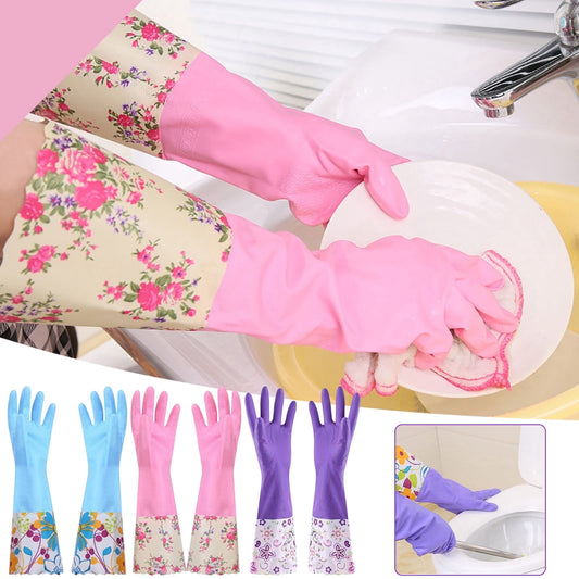 Reusable Rubber Cleaning Gloves with Long Cuff and Flock Lining, Non-Slip, Size M - Image 2