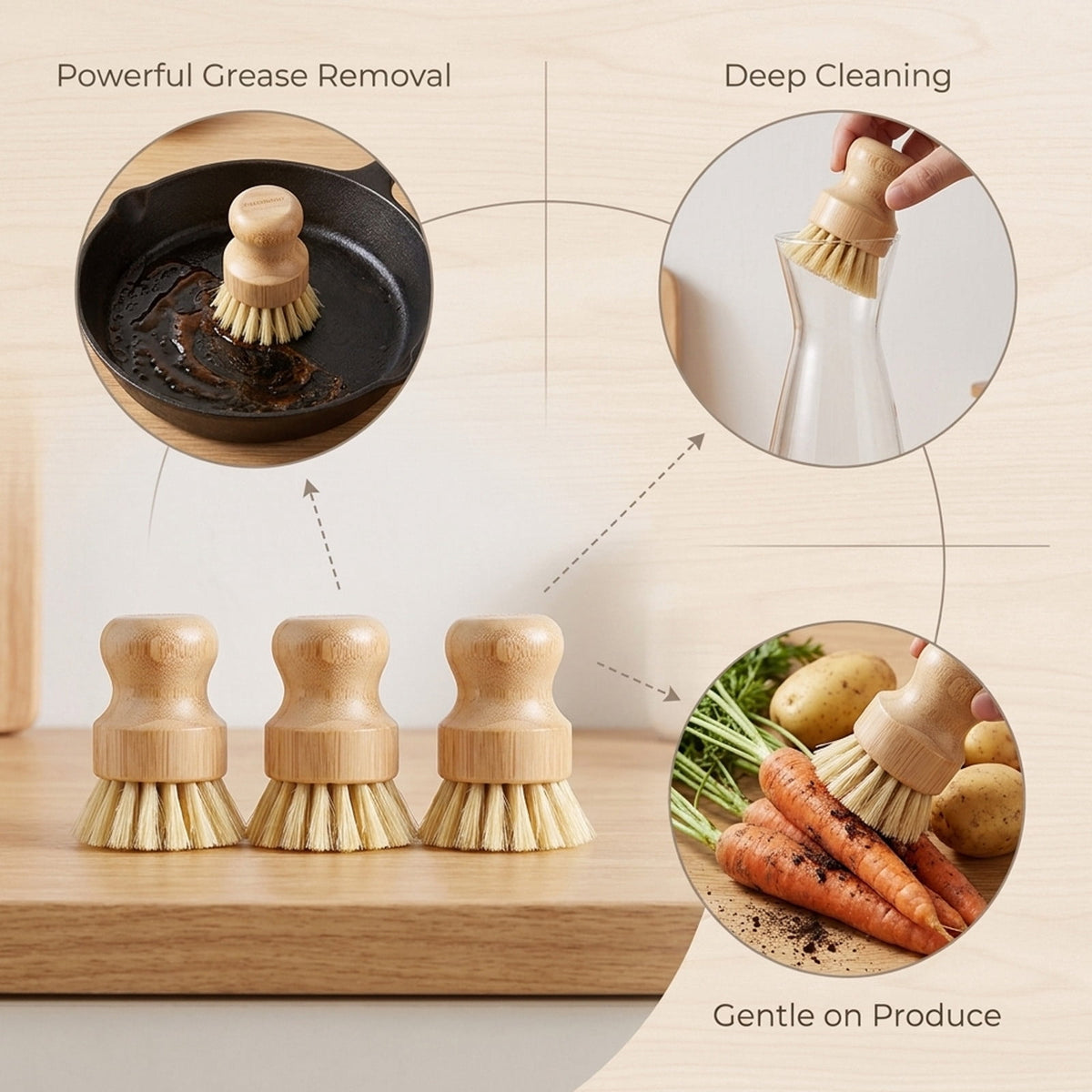 Bamboo Handle Sisal Scrub Brush Set, 3 Natural-Fibre Dish Brushes for Pots and Pans - Image 5