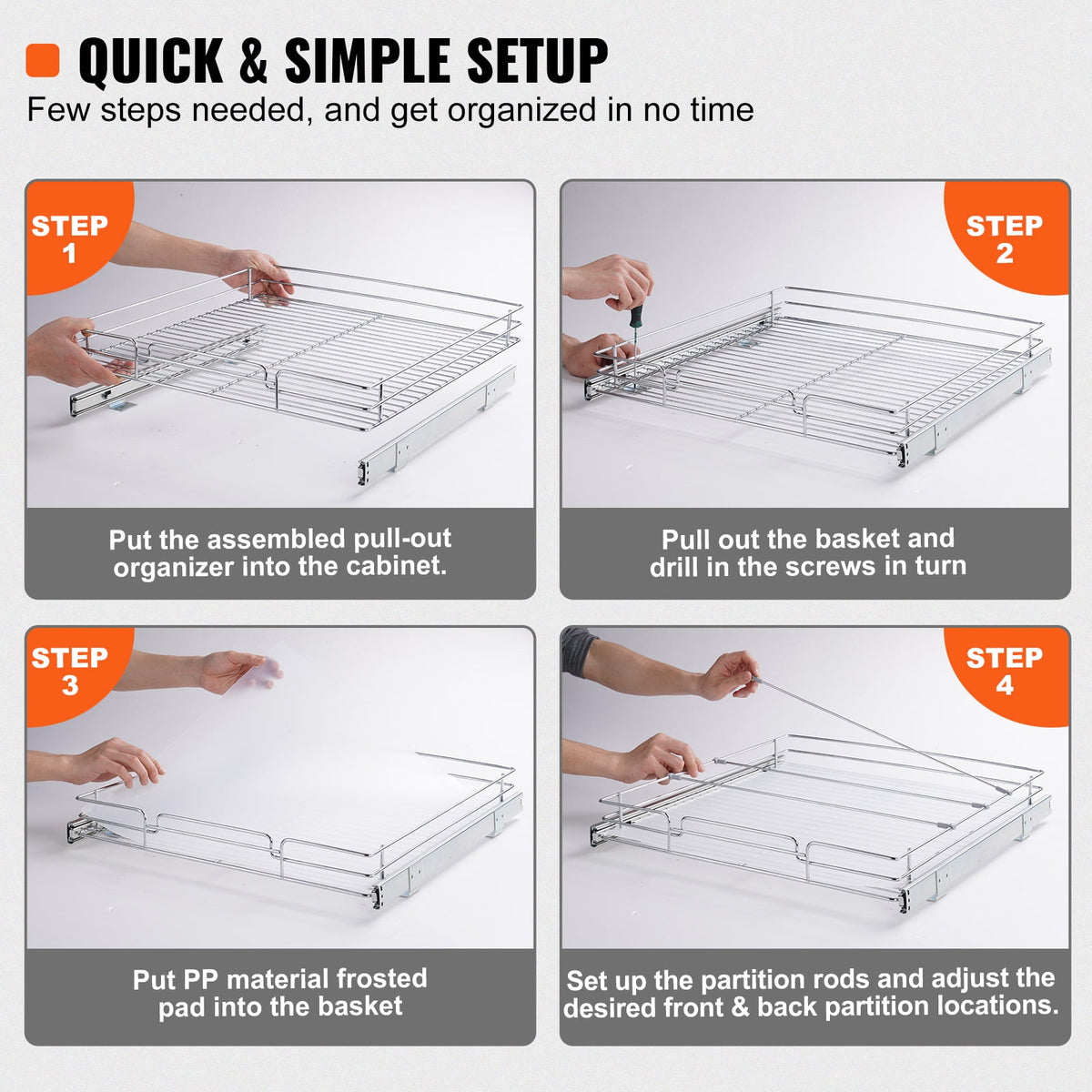 Pull-Out Cabinet Organizer, 20 x 21 x 2.5 Inch Steel Sliding Pantry Shelf, Chrome - Image 4