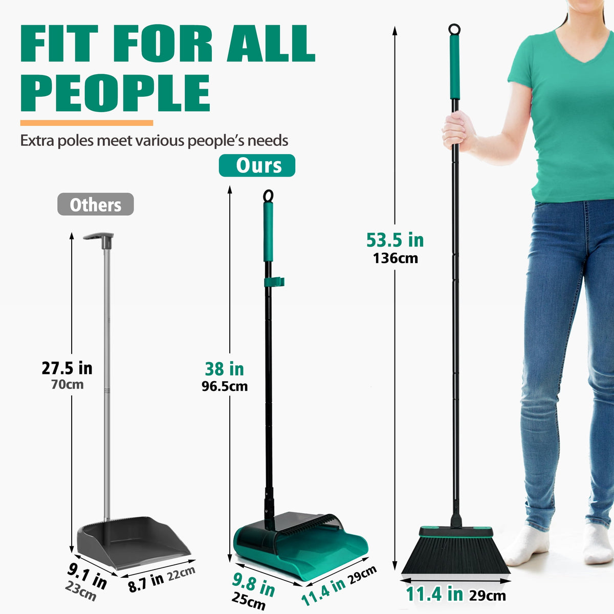 Broom and Dustpan Set with 53.5 Inch Telescopic Handle and See-Through Pan, Green - Image 6