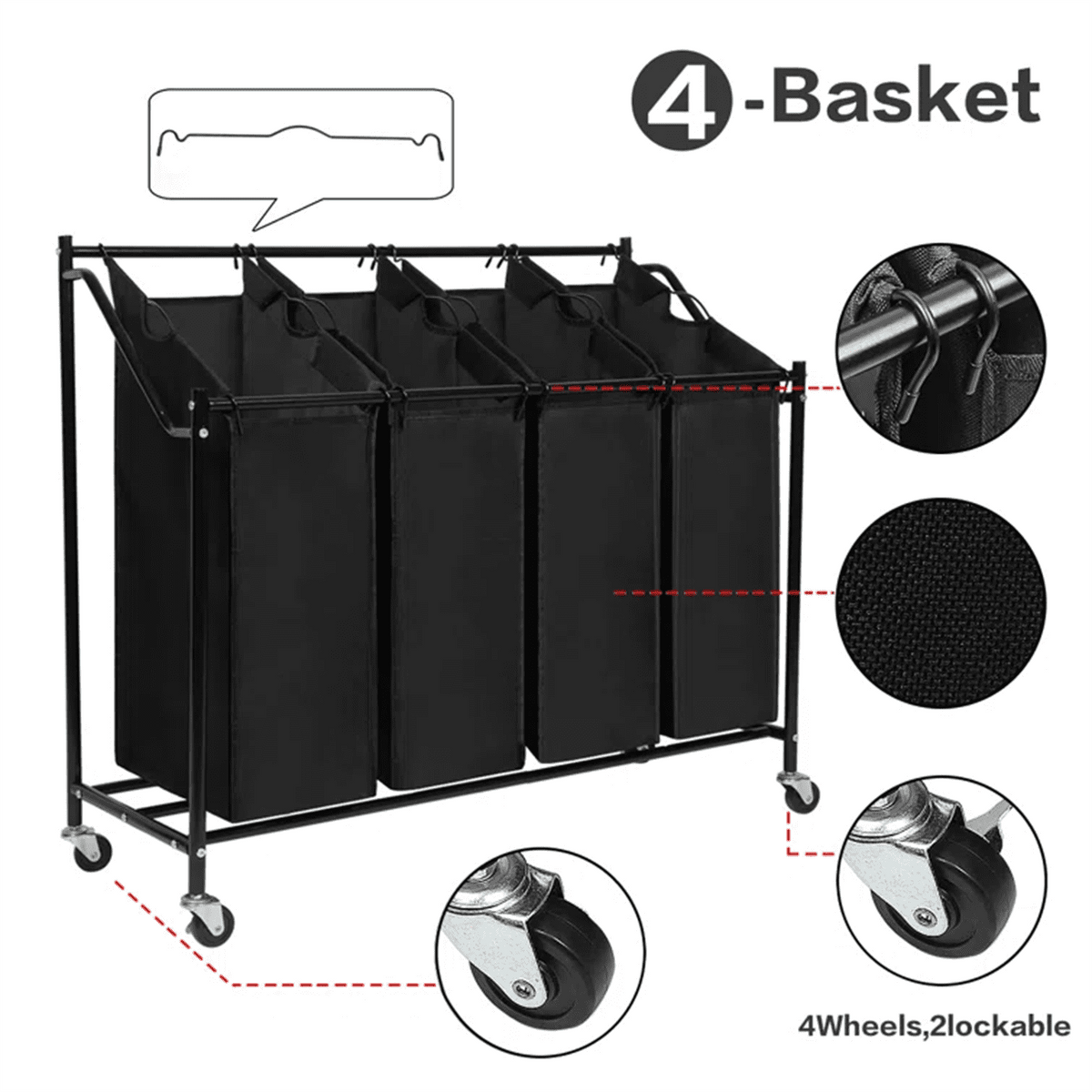 Rolling Laundry Sorter with 4 Removable Bags and Brake Wheels, Black - Image 3