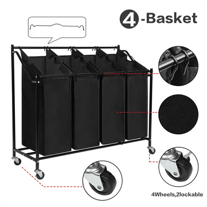 Rolling Laundry Sorter with 4 Removable Bags and Brake Wheels, Black - Image 3