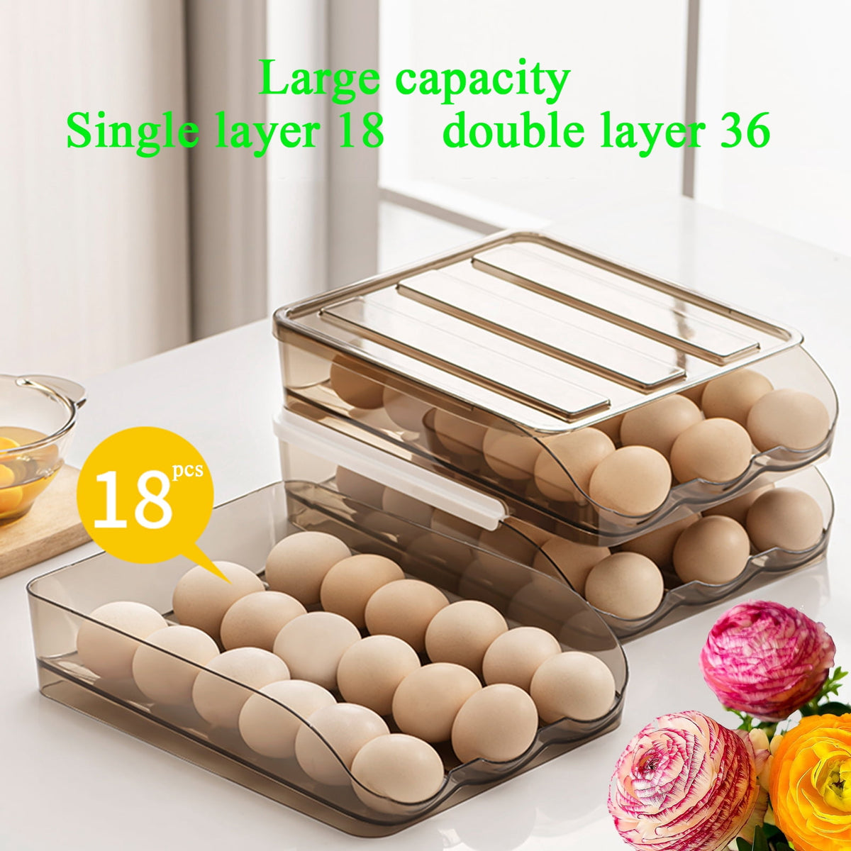 Rolling Egg Holder for Refrigerator with Lid, 3-Layer Stackable Egg Organizer, Brown - Image 6
