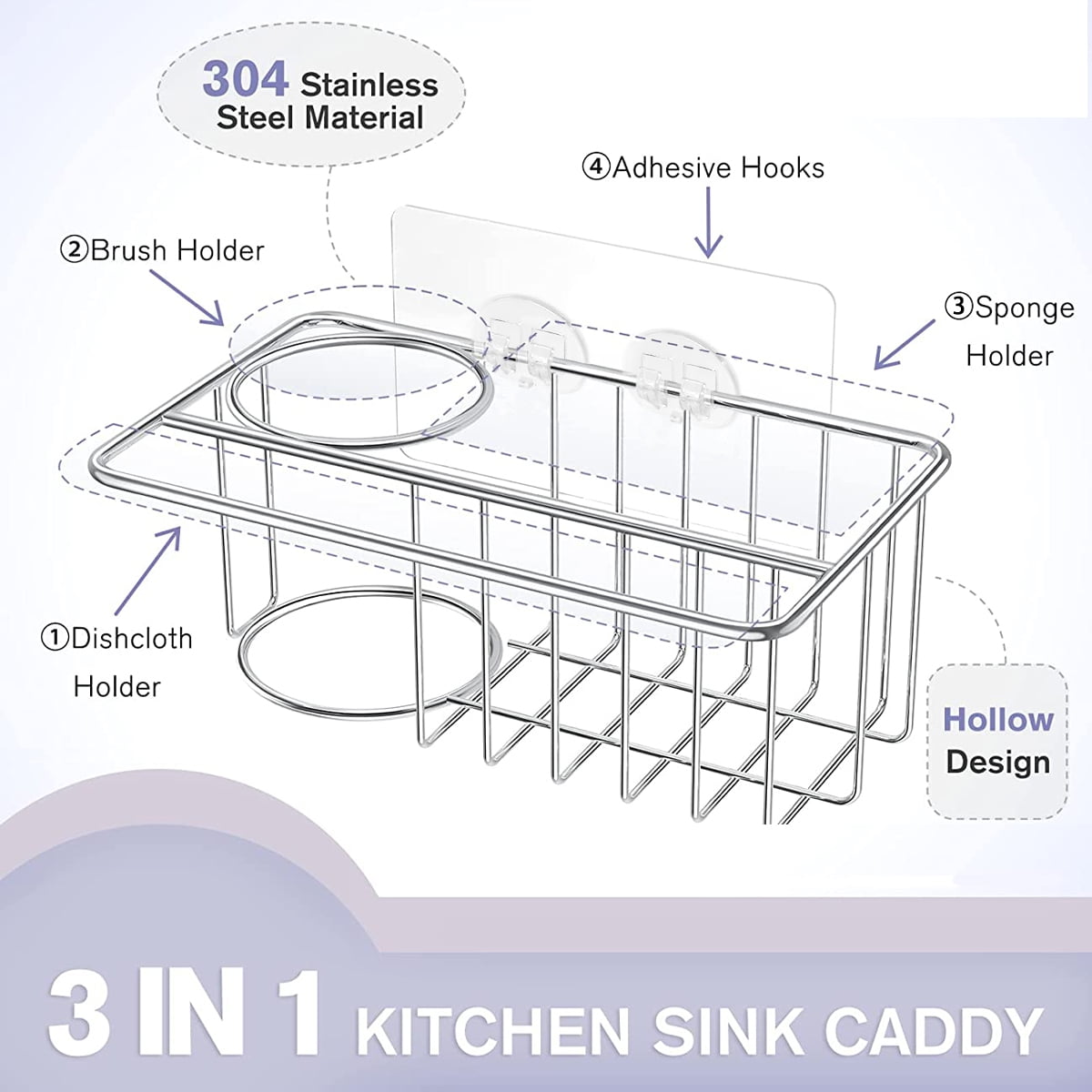 Adhesive Stainless Steel Sink Caddy for Sponges and Brushes, Rust-Resistant Drain Rack - Image 2