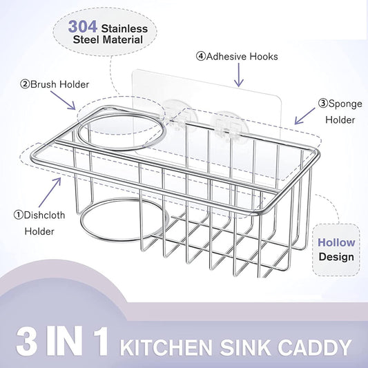 Adhesive Stainless Steel Sink Caddy for Sponges and Brushes, Rust-Resistant Drain Rack - Image 2