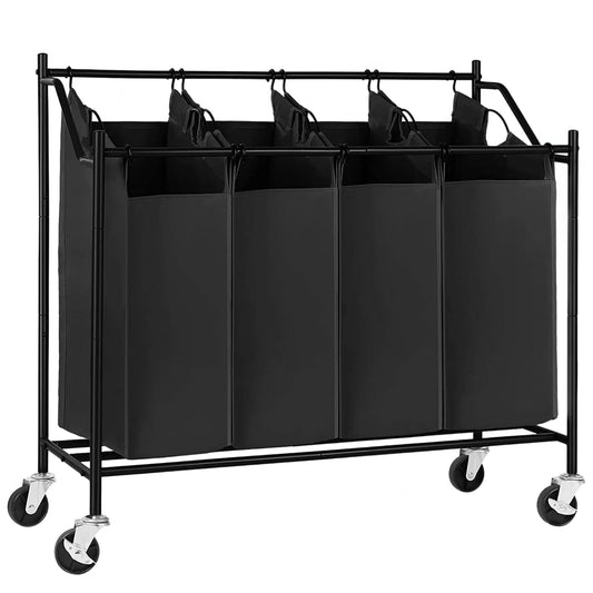 Rolling Laundry Sorter with 4 Removable Bags and Brake Wheels, Black