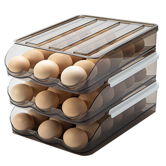 Rolling Egg Holder for Refrigerator with Lid, 3-Layer Stackable Egg Organizer, Brown