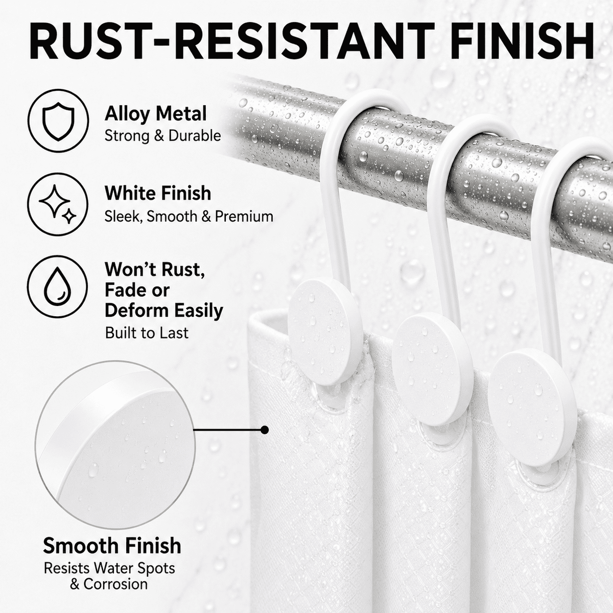 Metal Shower Curtain Hooks, 12-Pack Rust-Resistant Rings with Anti-Drop Latch, White - Image 6