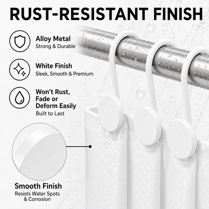 Metal Shower Curtain Hooks, 12-Pack Rust-Resistant Rings with Anti-Drop Latch, White - Image 6