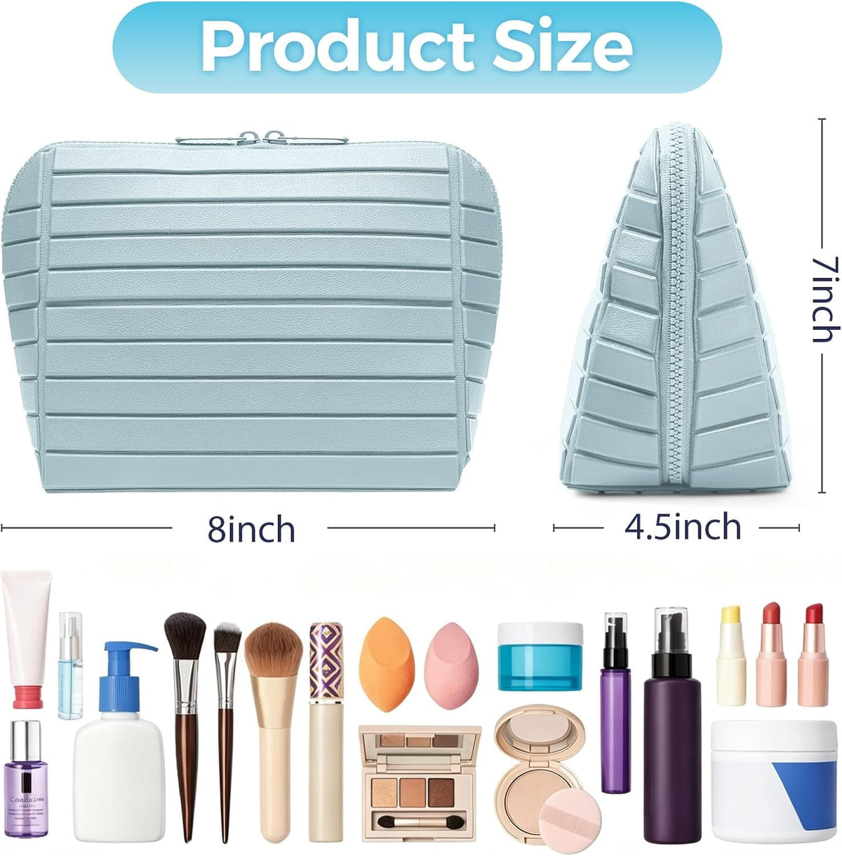 Large Fold-Down Makeup Bag with 27 Pockets, 3 Brush Holders and Adjustable Dividers, Blue - Image 4