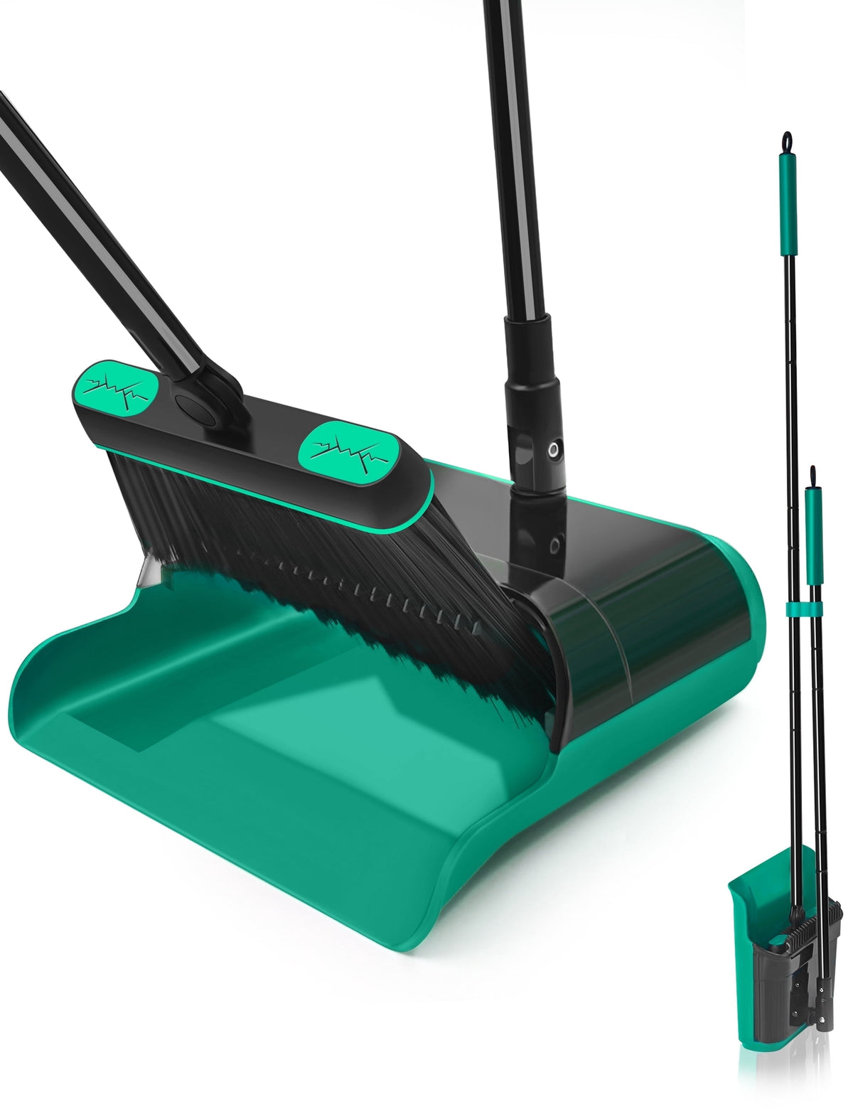 Broom and Dustpan Set with 53.5 Inch Telescopic Handle and See-Through Pan, Green
